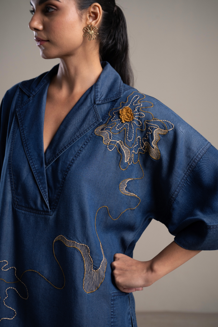 Blue Anti-Fit Lapel Shirt and Wide-Leg Pants Co-ord Set