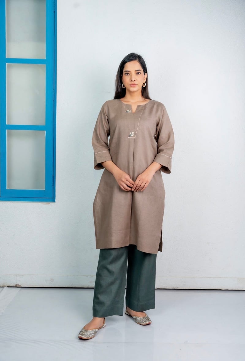 Taupe Linen Straight Kurta with Green Pant Set