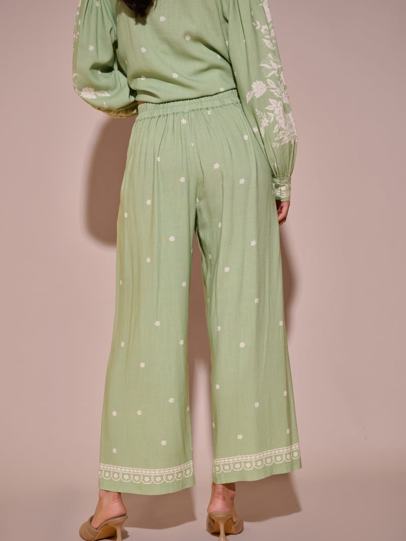 Green Floral Printed Wide-Leg Trousers