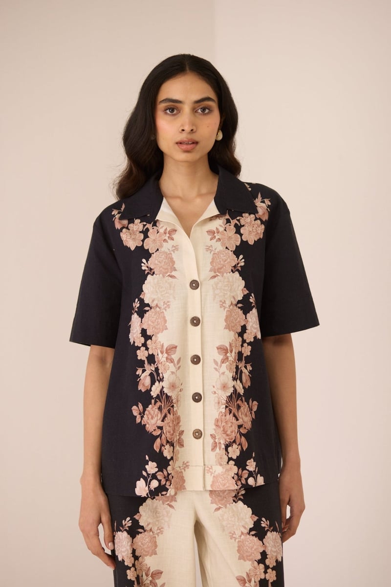 Noir Botanical Cotton Floral Placement Print Shirt — Calling June