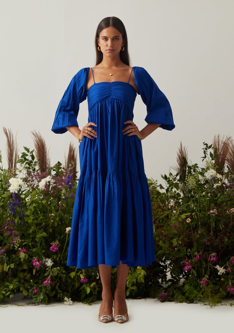 Royal Blue Tiered Midi Dress with Detachable Sleeves