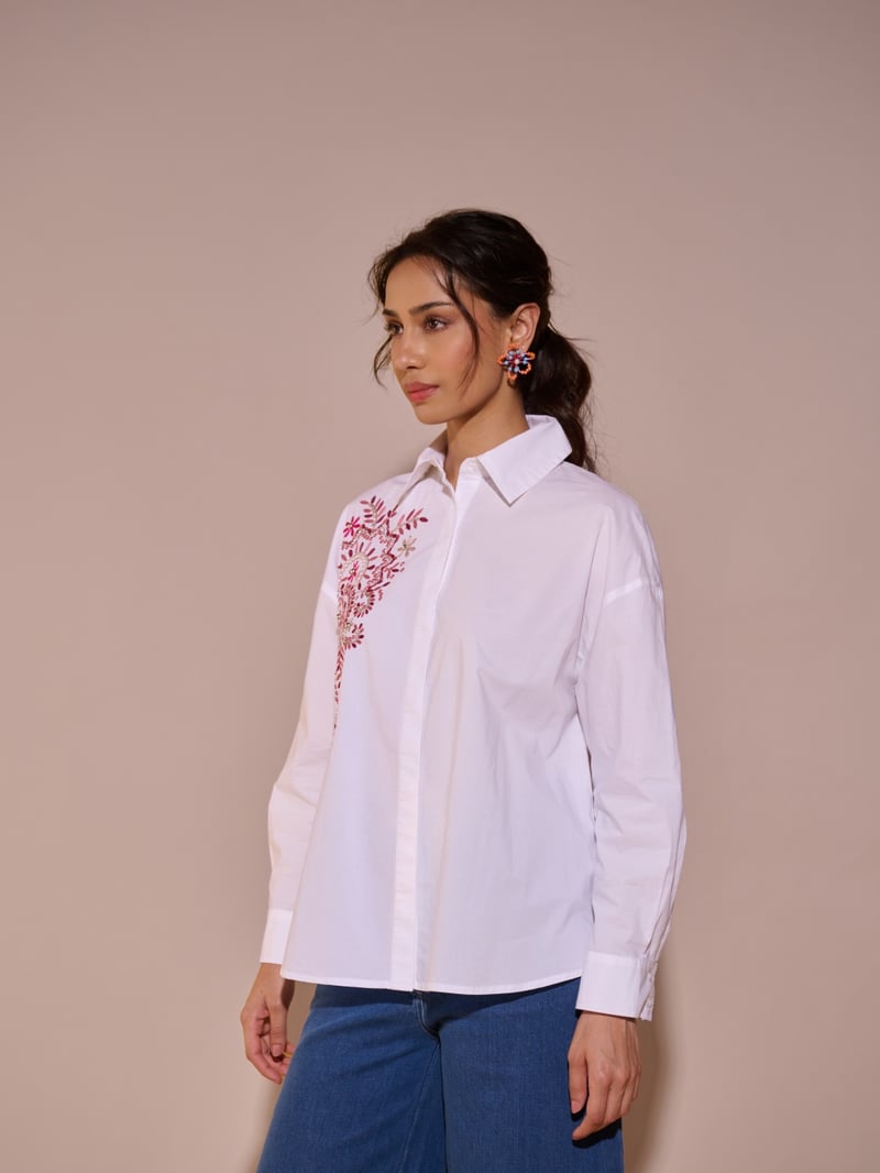 White Cotton Embroidered Button-Down Shirt
