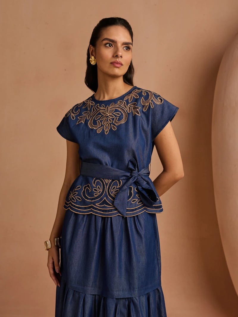 Blue Cotton Denim Cutwork Embroidered Belted Top