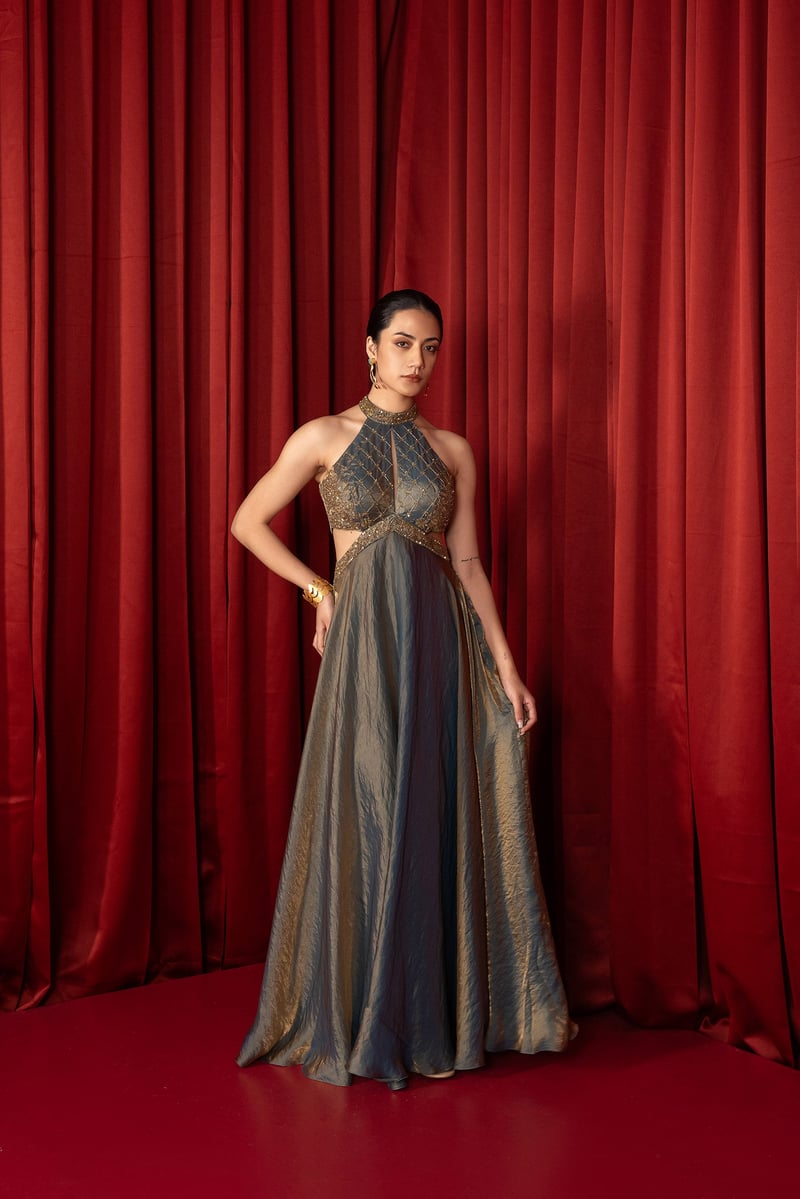 Olive Gold Shimmer Tissue Halter Neck Maxi Gown — QUNIC
