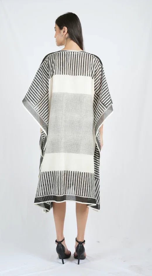 Black and White Striped Kaftan with V-Neck