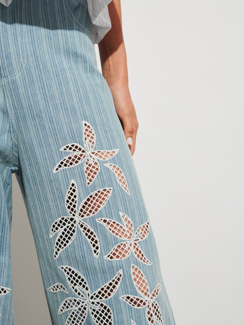 Washed Blue High-Waist Wide-Leg Cutwork Denim Jeans