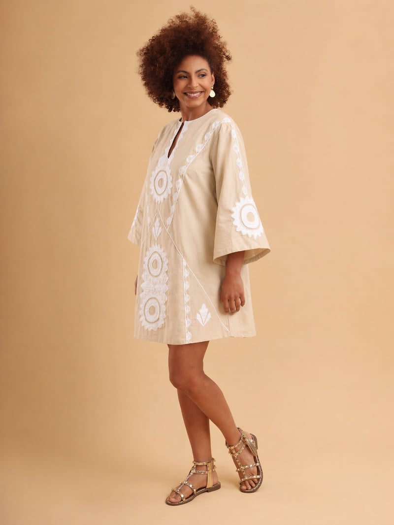 Beige Cotton Linen Kaftan Mini Dress with White Applique