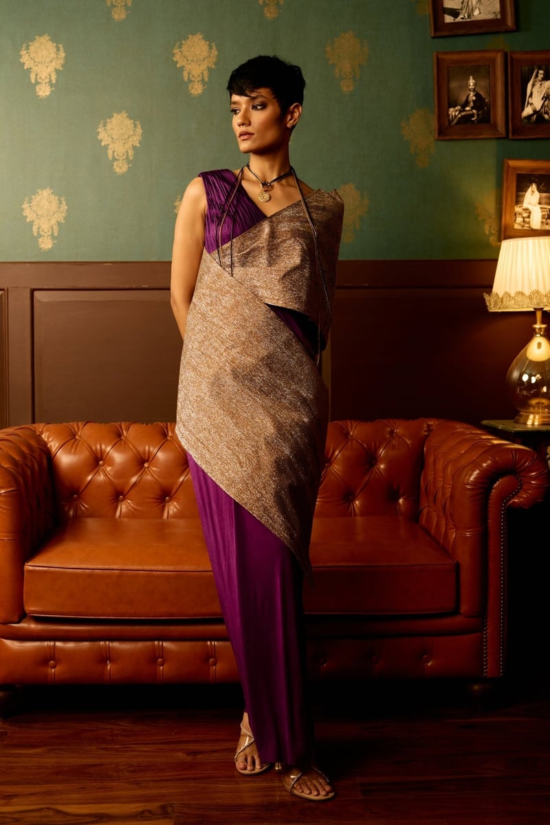 Purple Saree Drape Maxi Gown with Gold Pallu Detail