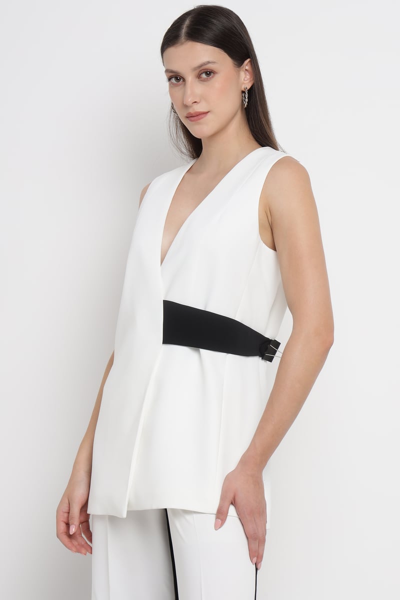 White V-Neck Longline Waistcoat with Black Waist Accent