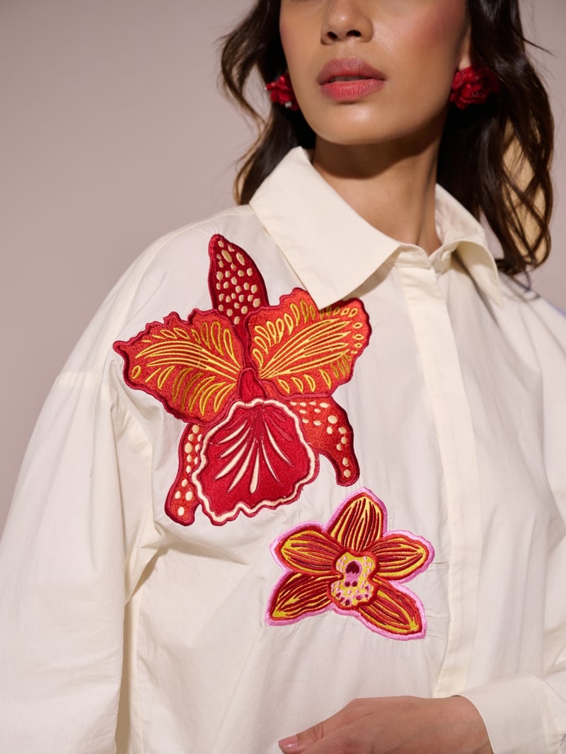 Off-White Floral Applique Button-Down Shirt