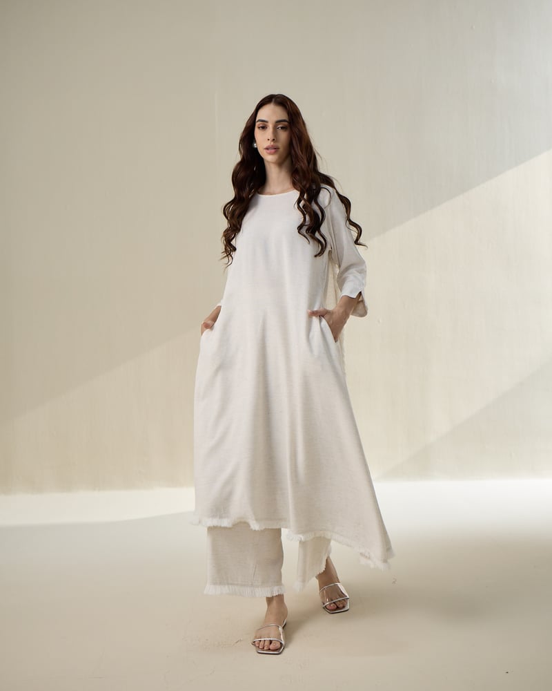 Natural Linen A-Line Kurta Set with Overlapped Back