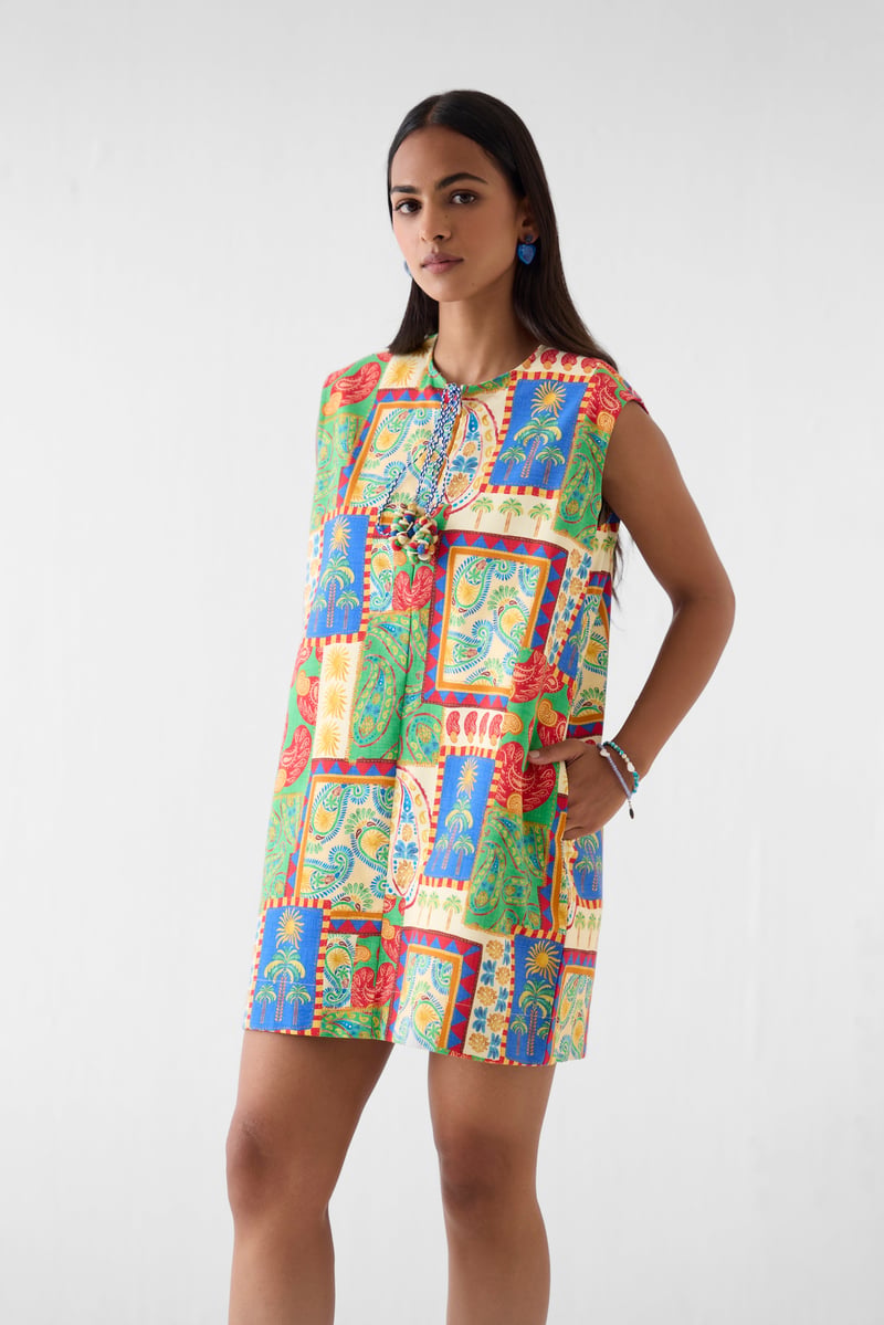 Multicolor Patchwork Print Cotton Mini Shift Dress