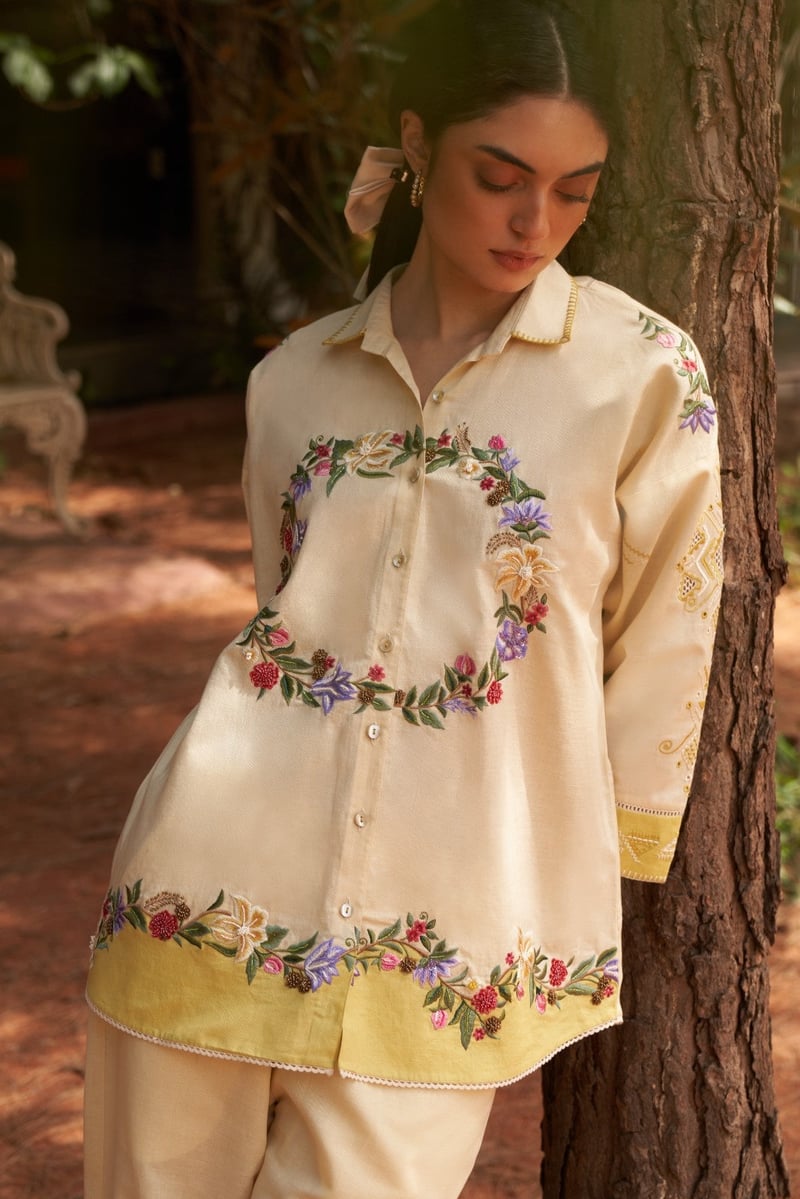 Beige Embroidered Shirt and Wide-Leg Pants Co-ord Set