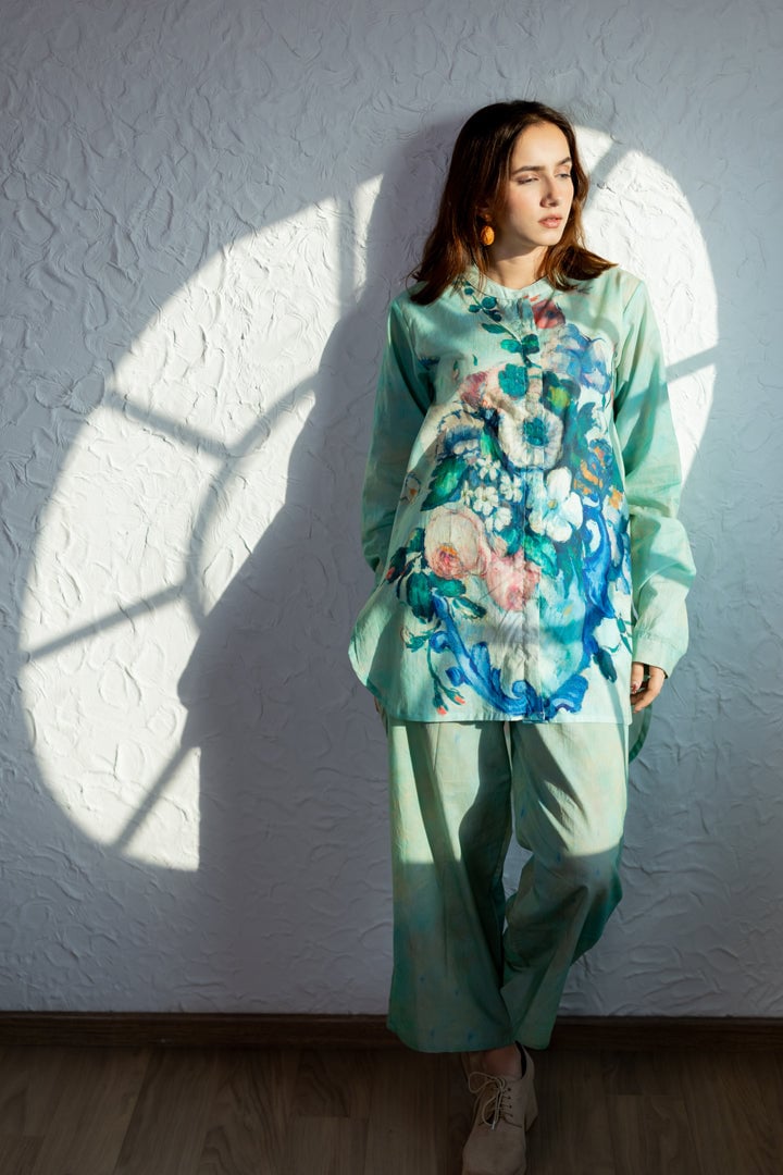 Aqua Green Printed Shirt and Pant Co-ord Set
