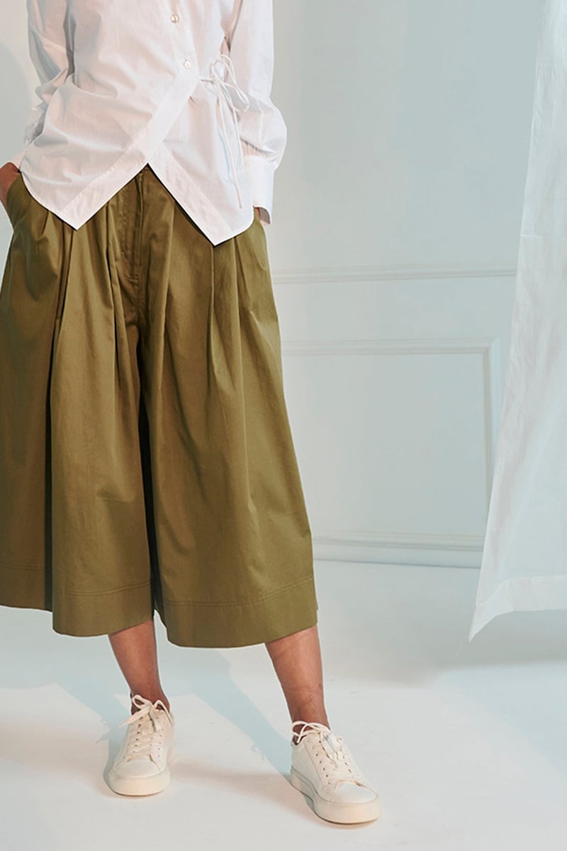 Olive Green High-Rise Pleated Culotte Skirt Pants