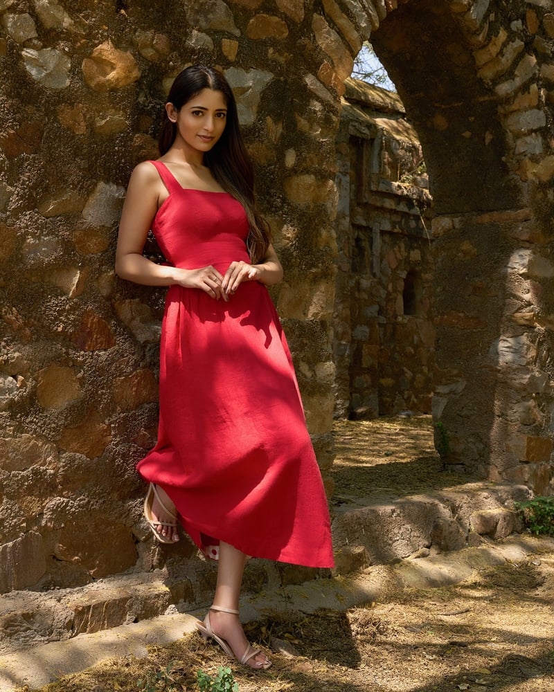 Red Linen Drop-Waist Gathered Midi Dress