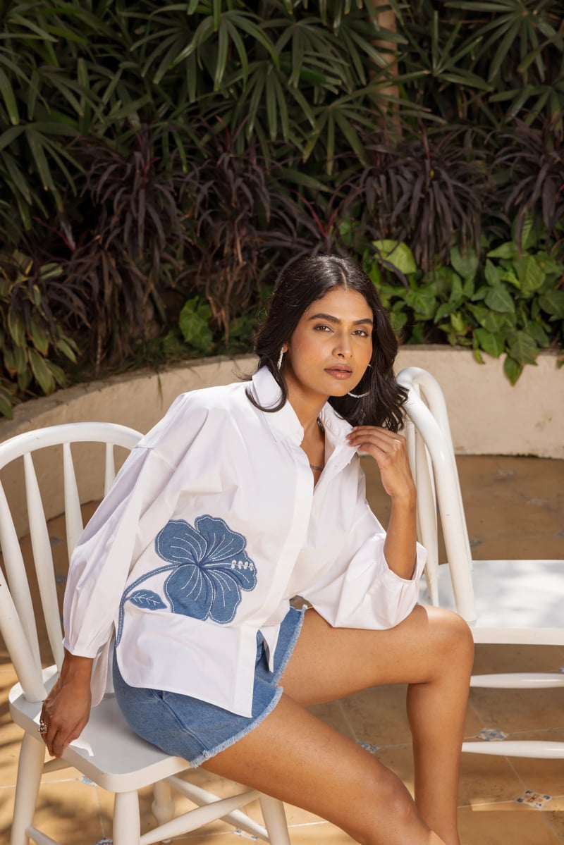 White Poplin Relaxed Fit Shirt with Denim Applique