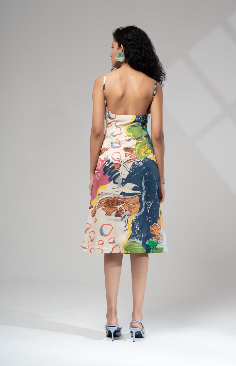Multicolour Abstract Printed Satin Slip Midi Dress