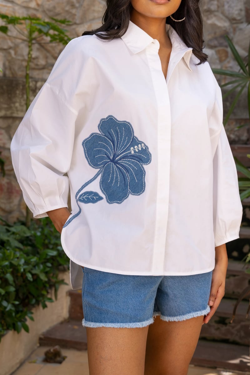 White Poplin Relaxed Fit Shirt with Denim Applique