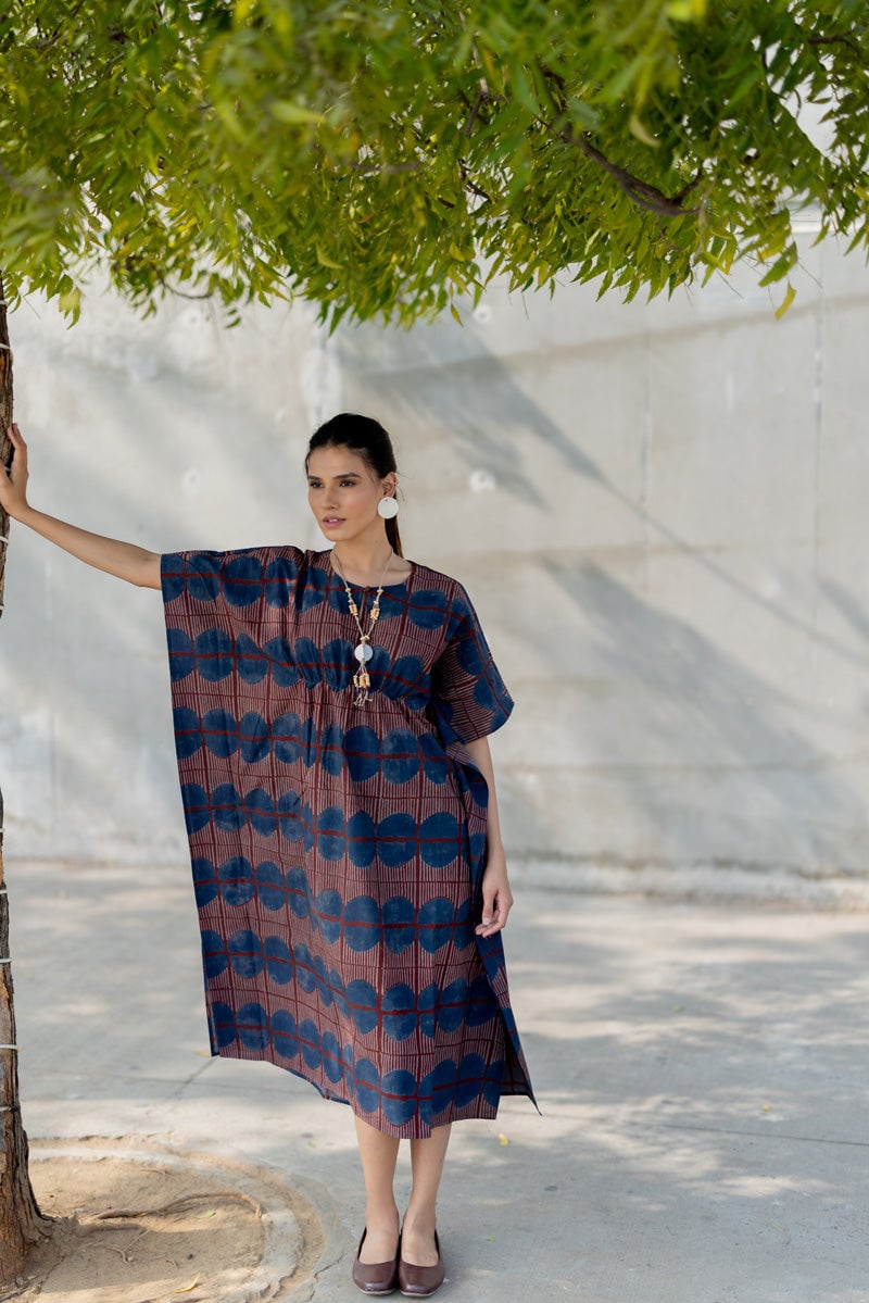 Burgundy and Blue Printed Cotton Midi Kaftan Dress