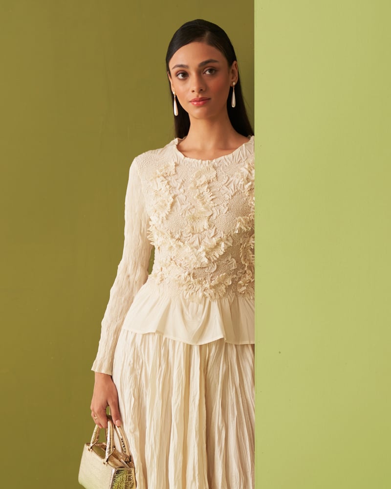Ivory Textured Top and Pleated Midi Skirt Co-ord Set