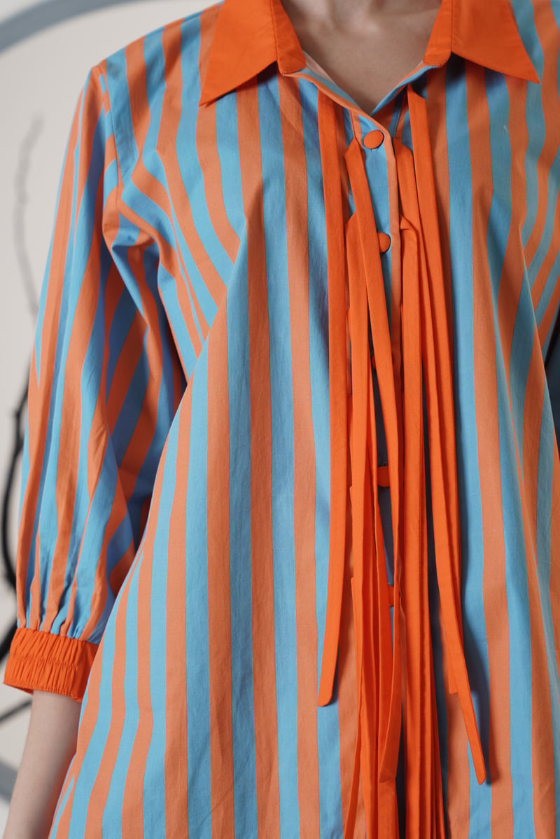 Blue and Orange Striped Tie-Front Collared Shirt