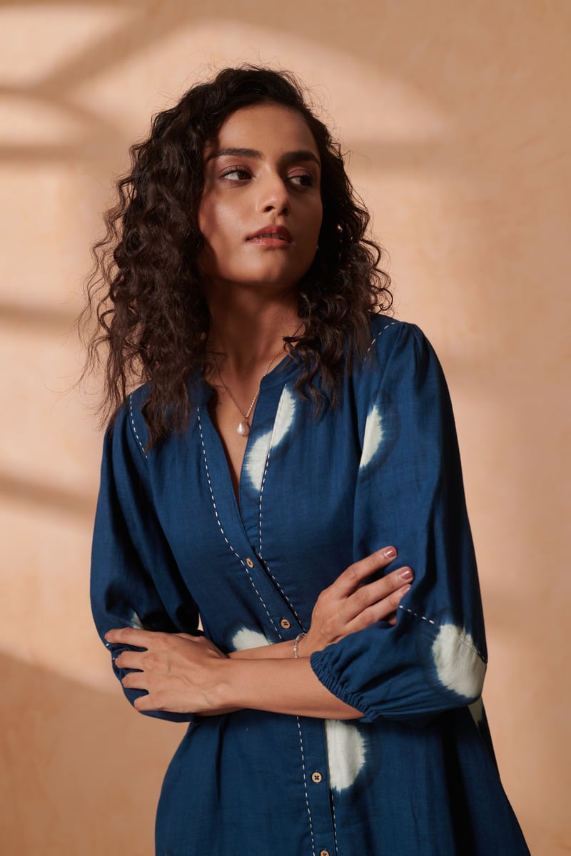 Indigo Dot Midi Shirt Dress in Double Gauze Cotton
