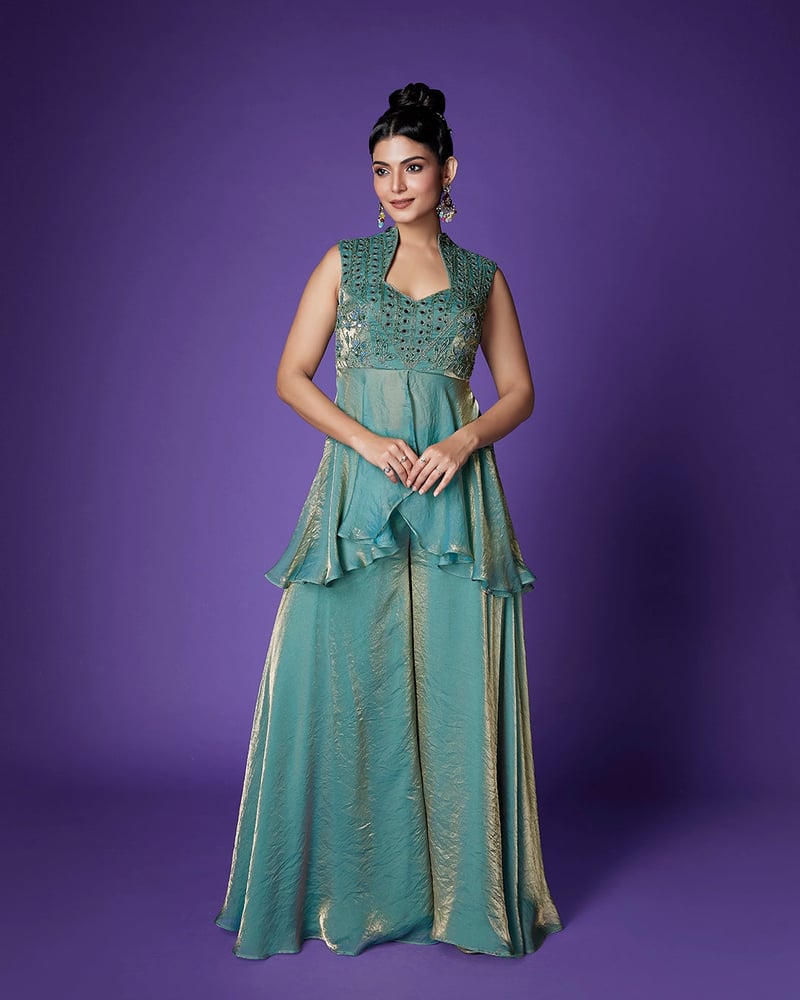Sea Green Shimmer Peplum and Palazzo Co-ord Set — QUNIC
