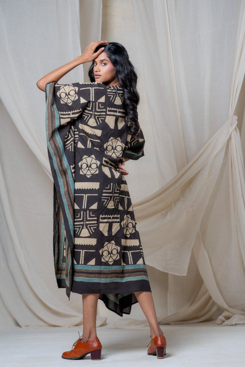Black Block Print Cotton Midi Kaftan Dress