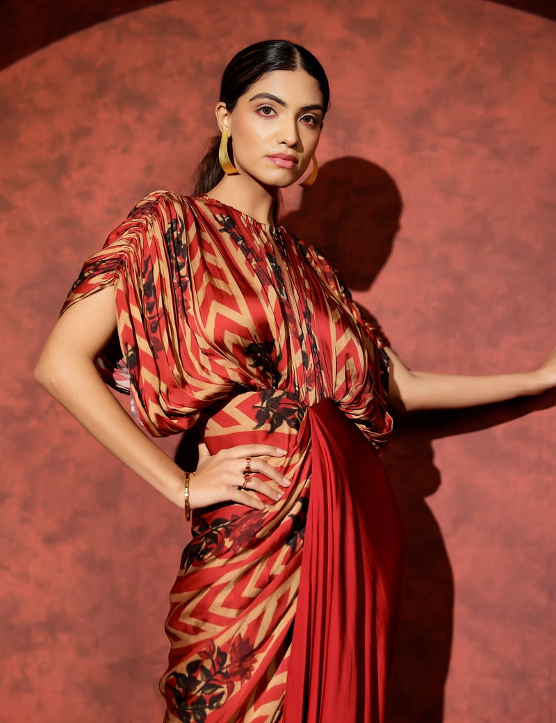 Red Printed Draped Maxi Gown with Contrast Drape