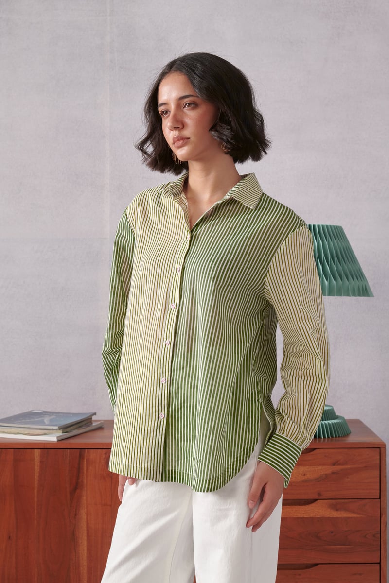 Green Striped Relaxed-Fit Cotton Button-Down Shirt — ROHO