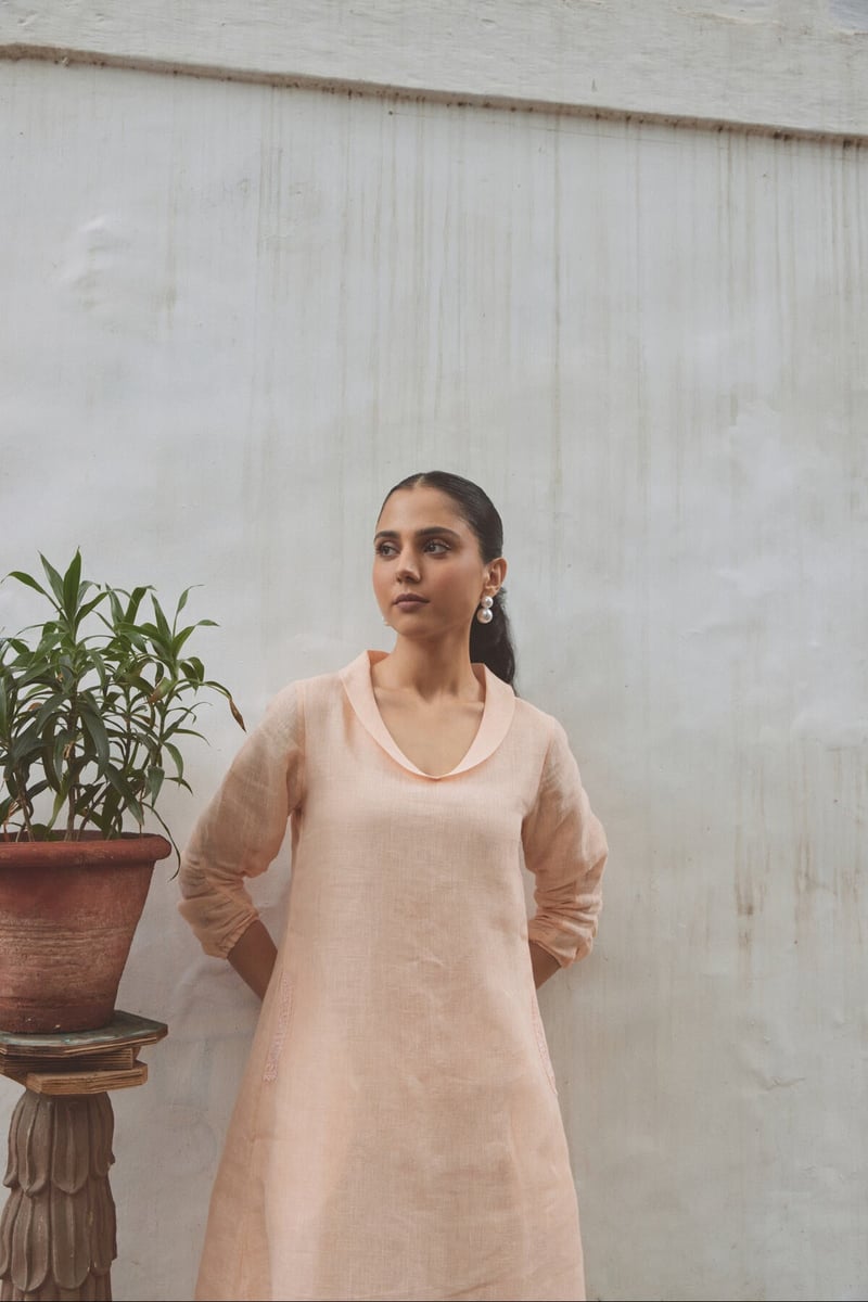 Peach Linen Straight Midi Dress with V-Neck and Pockets