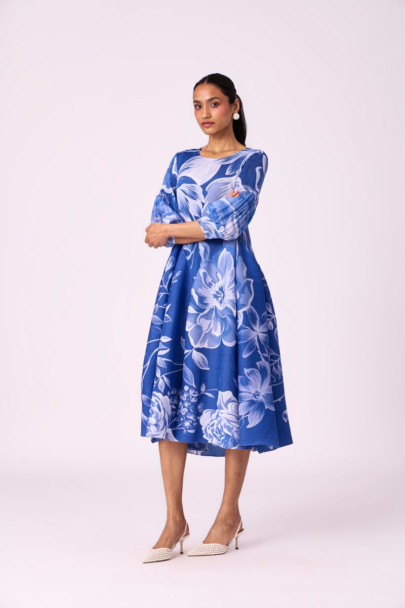 Blue Floral Pleated Fit and Flare Midi Dress