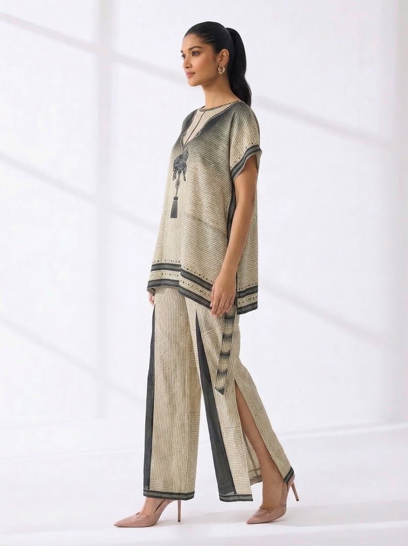 Ivory Striped Tunic and Wide-Leg Trouser Co-ord Set