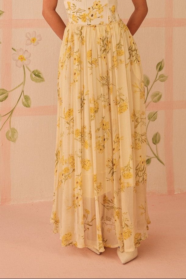 Butter Yellow Floral Print Chiffon Midi Skirt