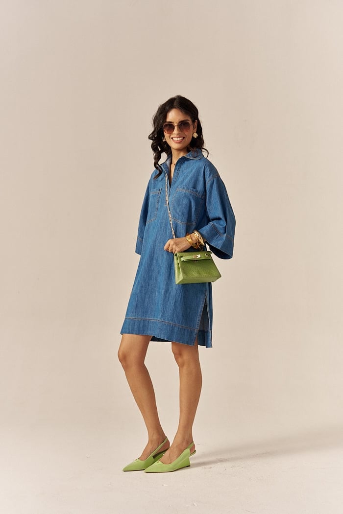 Blue Cotton Slub Denim Relaxed Mini Shirt Dress