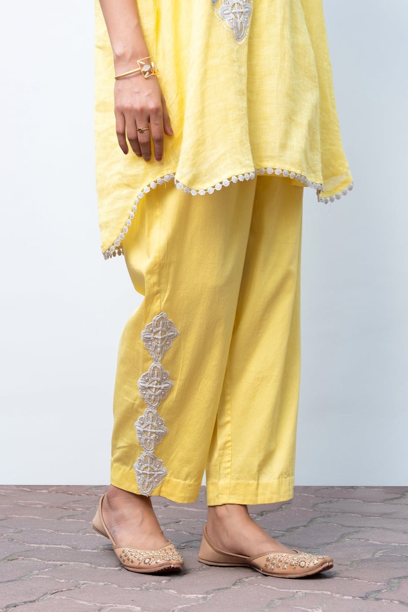 Lemon Yellow Linen Kaftan Kurta Set with Embroidery