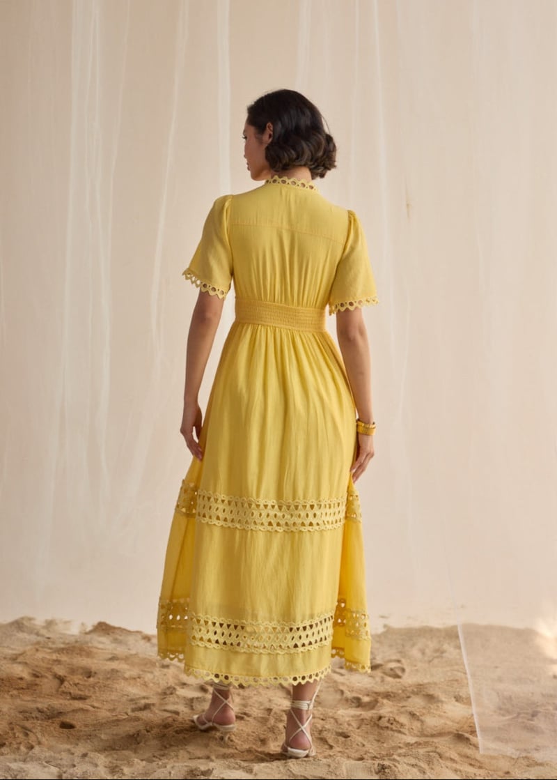 Yellow Lace Cutwork Fit and Flare Maxi Dress