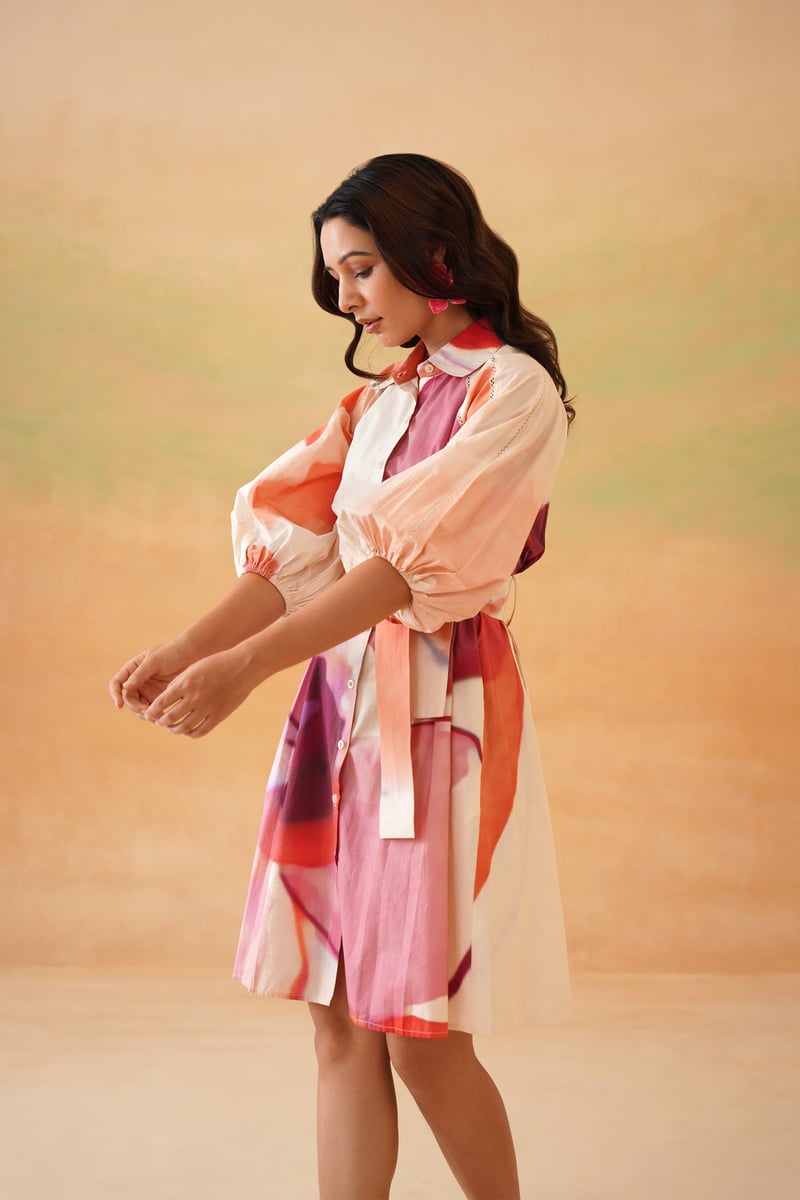Beige Abstract Printed Mini Shirt Dress with Belt