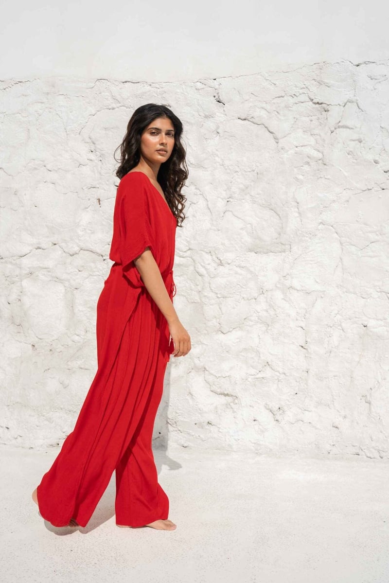 Red Kaftan-Style V-Neck Wide-Leg Jumpsuit