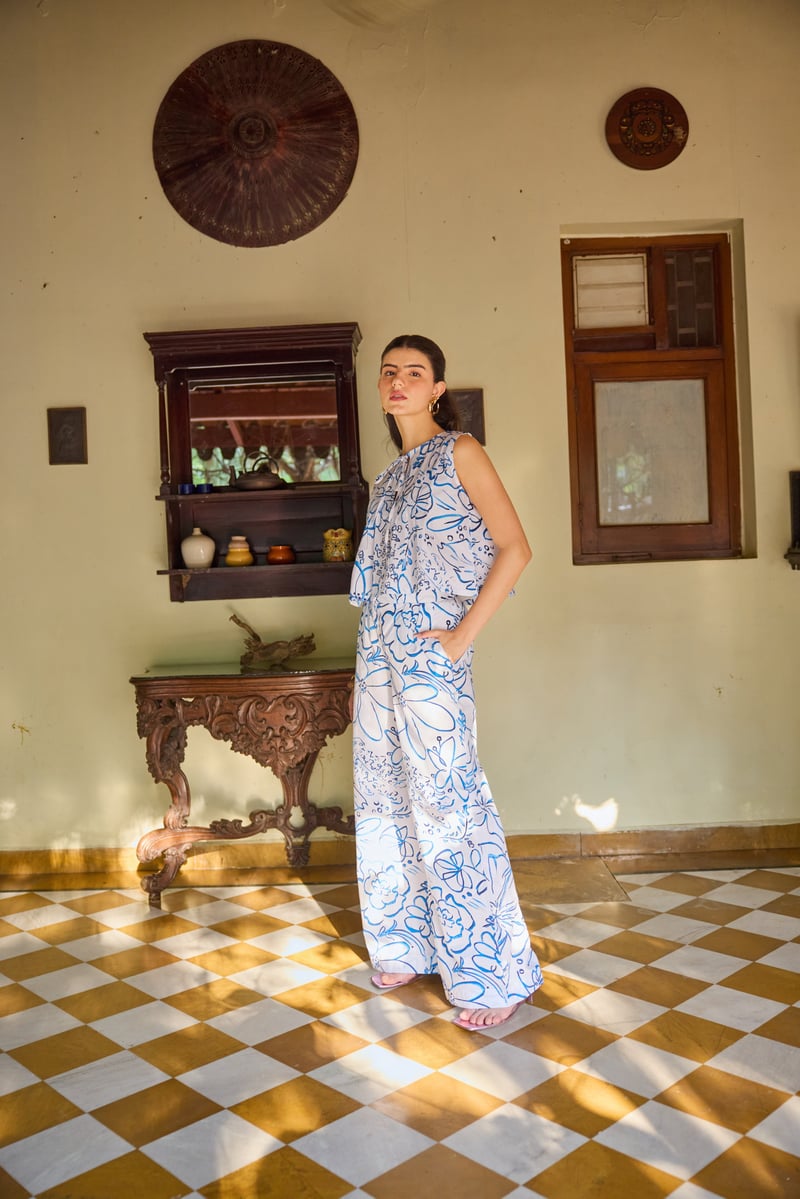 White/Blue Printed Sleeveless Top and Wide-Leg Co-ord Set