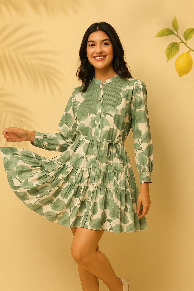 Sage Green Floral Fit and Flare Knee-Length Dress