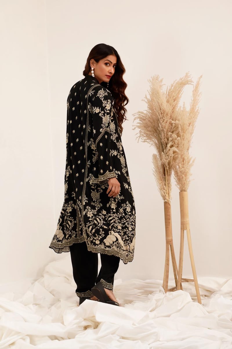 Black Crepe A-Line Kurta Set with Dhoti Pants