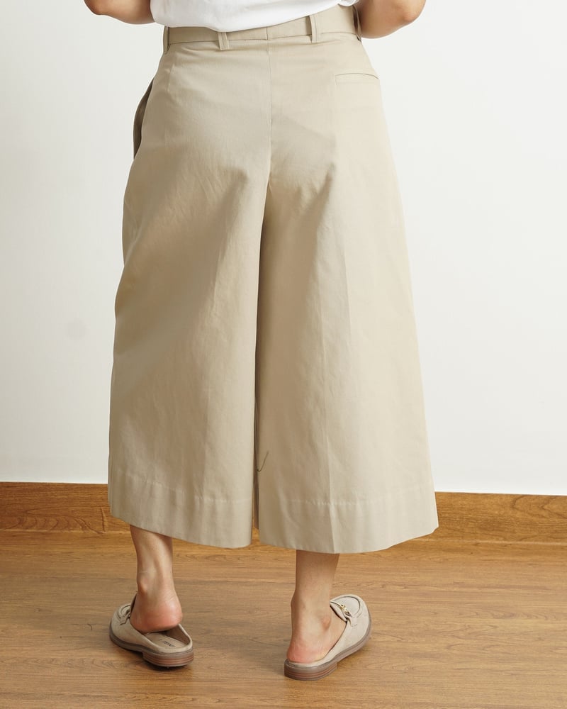 Khaki Cotton Tailored Wide-Leg Cropped Culottes