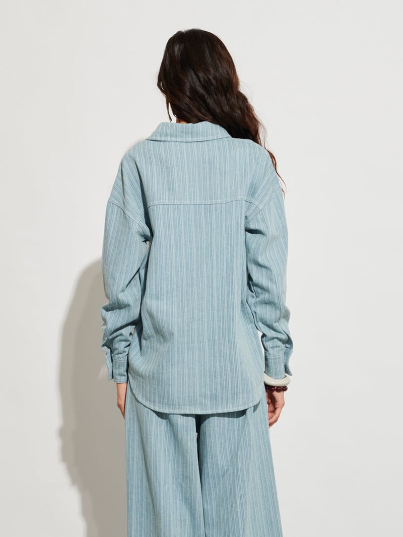 Washed Blue Striped Denim Shirt with Floral Cutwork