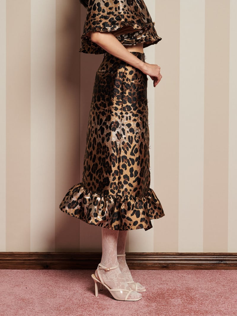 Brown Metallic Leopard Jacquard Midi Skirt