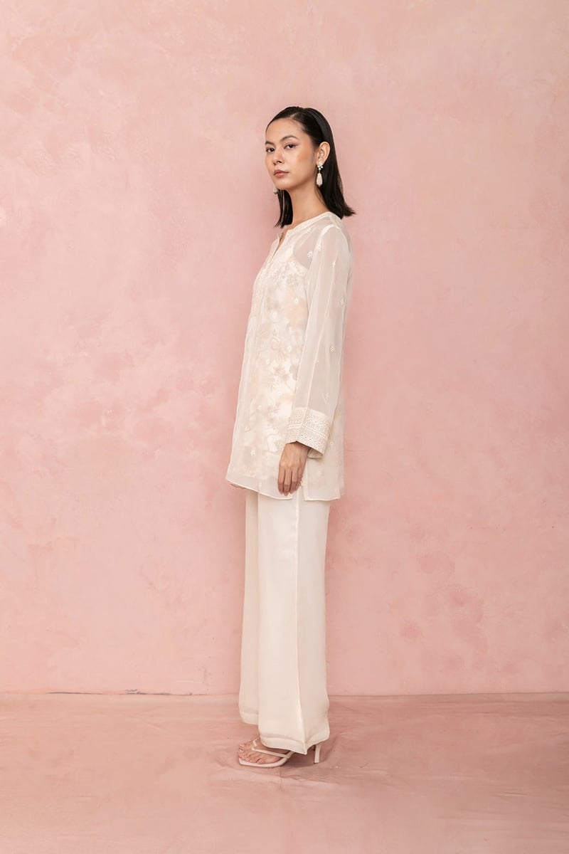 Ivory Sheer Organza Schiffli Tunic and Flared Pants Set