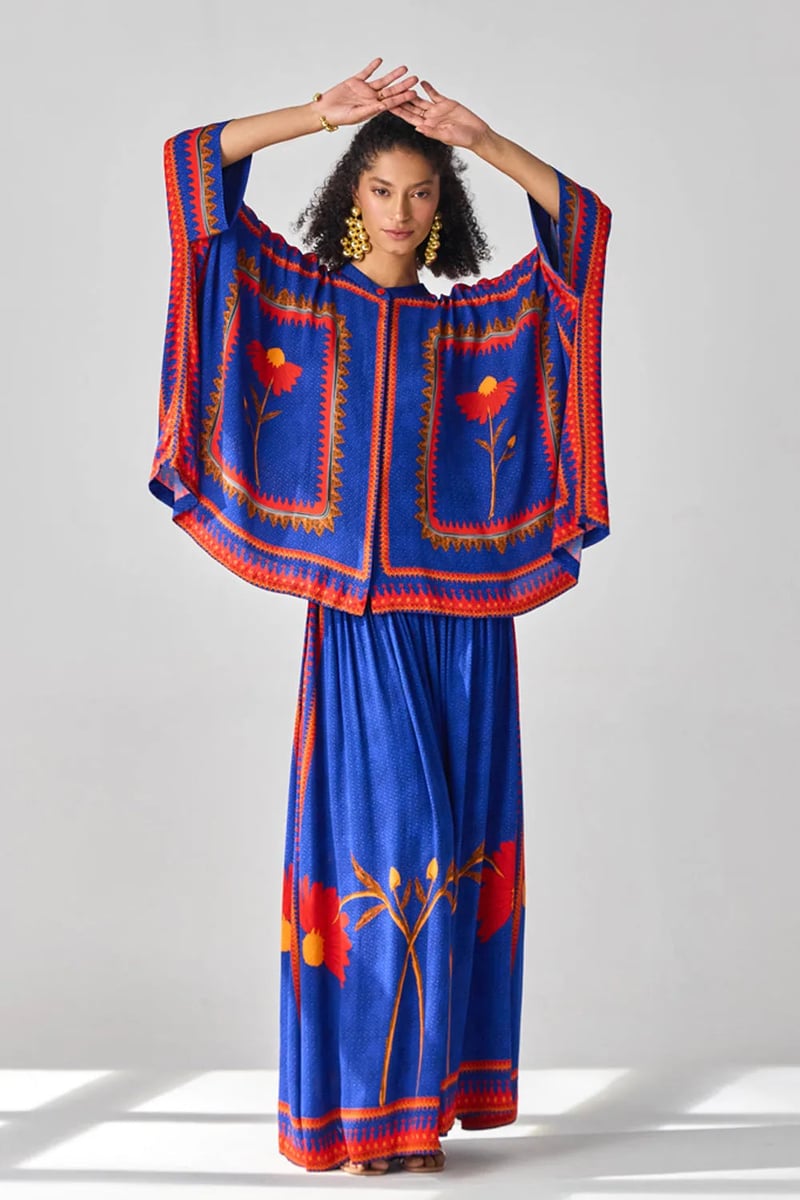 Blue Printed Cape Top and Wide-Leg Pants Co-ord Set