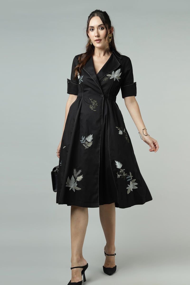 Black Suiting Wrap Midi Dress with Botanical Embroidery