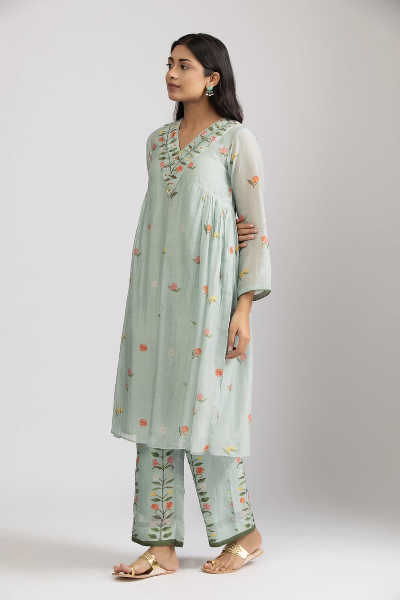 Ice Blue Floral A-Line Kurta Set with Embroidered V-Neck